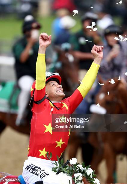 Jockey Mike Smith celebrates atop of Justify during the 150th running of the Belmont Stakes at Belmont Park on June 9, 2018 in Elmont, New York....