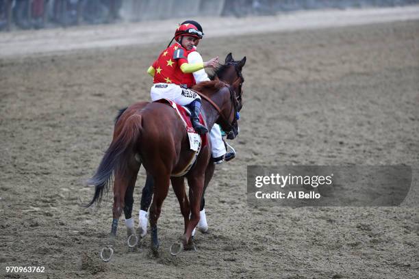 Jockey Mike Smith celebrates atop of Justify during the 150th running of the Belmont Stakes at Belmont Park on June 9, 2018 in Elmont, New York....