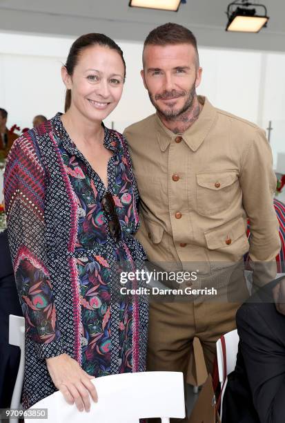 Caroline Rush and David Beckham attend the Kent & Curwen show during London Fashion Week Men's June 2018 at 11 Floral Street on June 10, 2018 in...