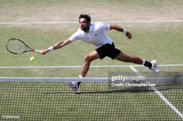 Jeremy Chardy of France in action as he beats Alex De Minaur of Australia during their Mens Final match on Day 09 of the Fuzion 100 Surbition Trophy...