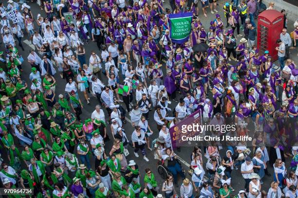 Women take part in mass participation artwork 'Processions' to celebrate one hundred years of votes for women on June 10, 2018 in London, England....
