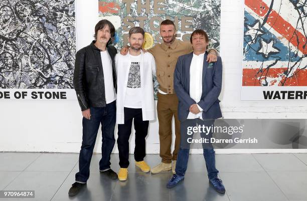 John Squire and Mani of The Stone Roses with Daniel Kearns and David Beckham at the Kent & Curwen show during London Fashion Week Men's June 2018 at...