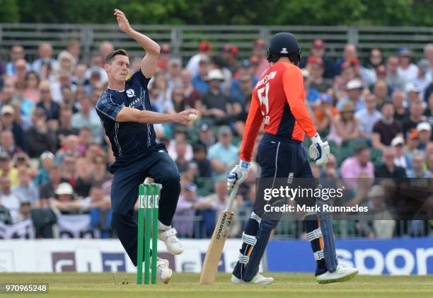 Chris Sole of Scotland bowling during the One Day International match between Scotland and England at The Grange on June 10, 2018 in Edinburgh,...