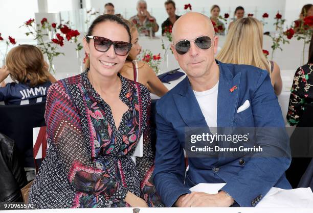 Caroline Rush and Dylan Jones attend the Kent & Curwen show during London Fashion Week Men's June 2018 at 11 Floral Street on June 10, 2018 in...