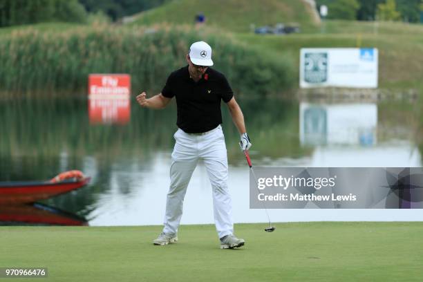 Mikko Korhonen of Finland celebrates after his winning put during day four of The 2018 Shot Clock Masters at Diamond Country Club on June 10, 2018 in...