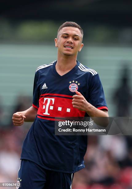 Oliver Batista Meier of FC Bayern Muenchen U17 reacts during the B Juniors German Championship Semi Final Second Leg match between RB Leipzig U17 and...