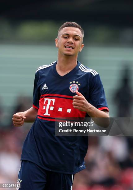 Oliver Batista Meier of FC Bayern Muenchen U17 reacts during the B Juniors German Championship Semi Final Second Leg match between RB Leipzig U17 and...