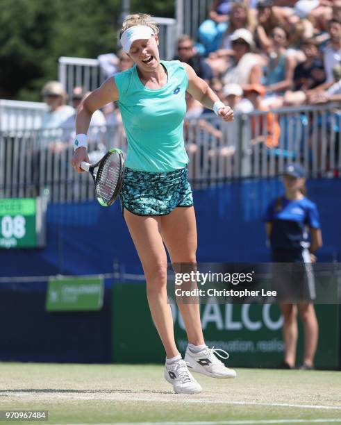Alison Riske of USA celebrates her victory over Conny Perrin of Switzerland during their Womens Final match on Day 09 of the Fuzion 100 Surbition...