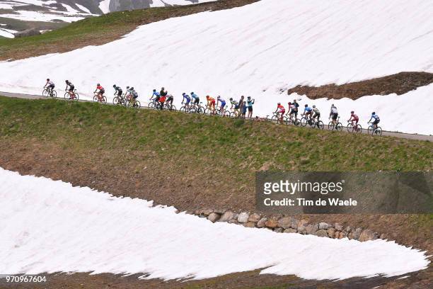 Peloton / Cormet de Roselend Mountains / Snow / Landscape / during the 70th Criterium du Dauphine 2018, Stage 7 a 136km stage from Moutiers to...