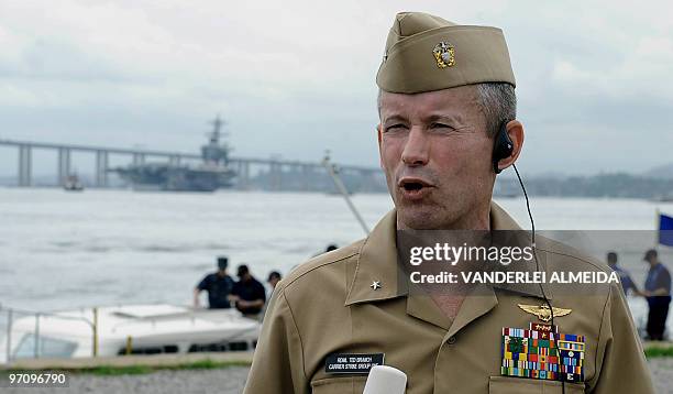 Ted Branch, Carrier Strike Group One of the USS Carl Vinson Nimitz class aircraft supercarrier, speaks with the press after arriving at Guanabara Bay...