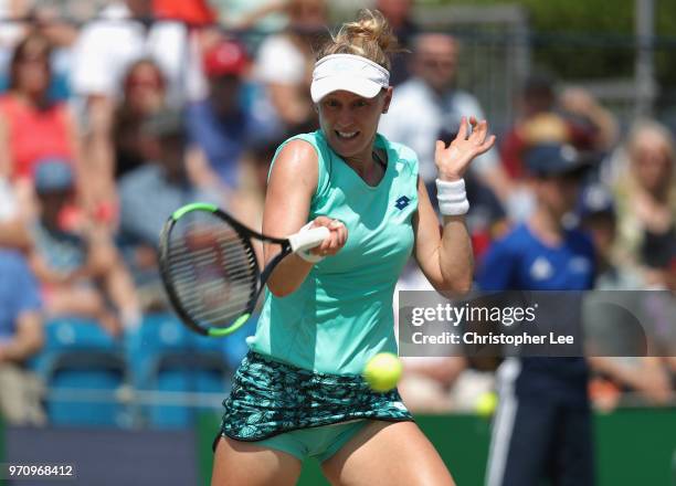 Alison Riske of USA in action as she beats Conny Perrin of Switzerland during their Womens Final match on Day 09 of the Fuzion 100 Surbition Trophy...