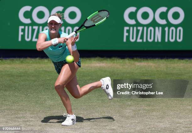 Alison Riske of USA in action as she beats Conny Perrin of Switzerland during their Womens Final match on Day 09 of the Fuzion 100 Surbition Trophy...