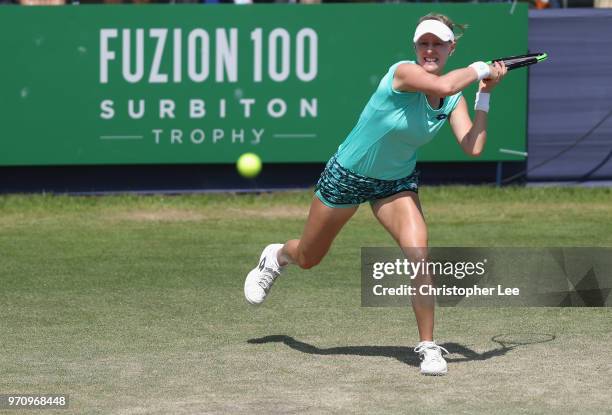 Alison Riske of USA in action as she beats Conny Perrin of Switzerland during their Womens Final match on Day 09 of the Fuzion 100 Surbition Trophy...