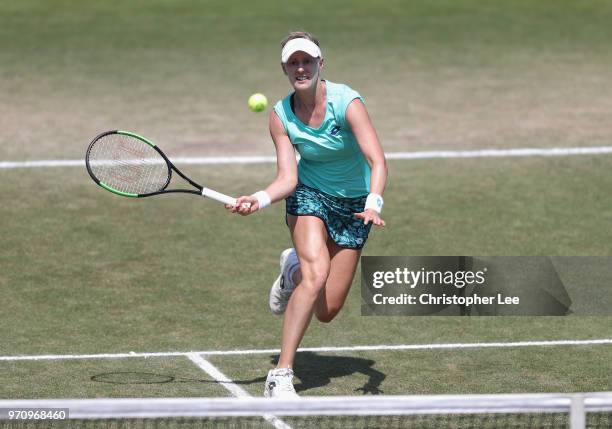 Alison Riske of USA in action as she beats Conny Perrin of Switzerland during their Womens Final match on Day 09 of the Fuzion 100 Surbition Trophy...