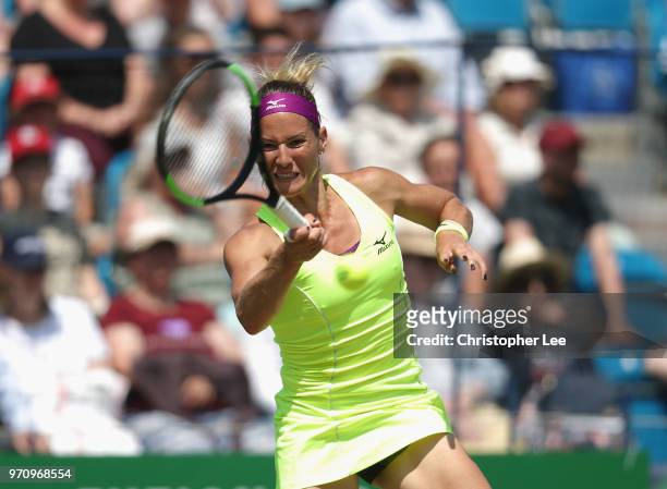 Conny Perrin of Switzerland in action against Alison Riske of USA during their Womens Final match on Day 09 of the Fuzion 100 Surbition Trophy on...