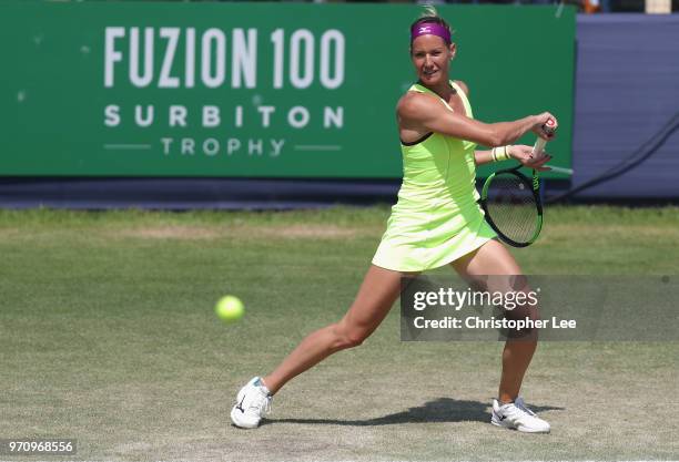 Conny Perrin of Switzerland in action against Alison Riske of USA during their Womens Final match on Day 09 of the Fuzion 100 Surbition Trophy on...