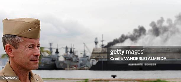 Ted Branch, Carrier Strike Group One of the USS Carl Vinson Nimitz class aircraft supercarrier, speaks with the press after arriving at Guanabara Bay...