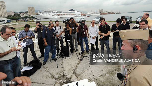 Ted Branch , Carrier Strike Group One of the USS Carl Vinson Nimitz class aircraft supercarrier, speaks with the press after arriving at Guanabara...