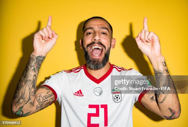 Ashkan Dejagah of Iran poses for a picture during the official FIFA World Cup 2018 portrait session at on June 9, 2018 in Moscow, Russia.