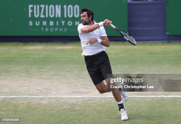 Jeremy Chardy of France in action as he beats Alex De Minaur of Australia during their Mens Final match on Day 09 of the Fuzion 100 Surbition Trophy...