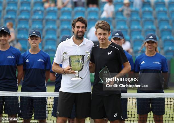 Winner, Jeremy Chardy of France with the Surbiton Trophy and Runner Up, Alex De Minaur of Australia pose for the camera during their Mens Final match...