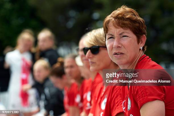Head coach Maren Meinert of Germany looks on prior to the Four Nations Tournament match between U20 Women's Haiti and U20 Women's Germany at Stade...