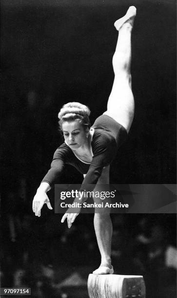 Vera Caslavska of Czech Slovakia competes in the Pallarel Beam during the Tokyo Olympic at Tokyo Metropolitan Gymnasium in October, 1964 in Tokyo,...