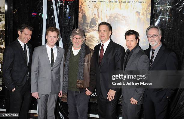 Actors James Badge Dale, Joe Mazzello, Executive Producers Steven Spielberg, Tom Hanks, actor Jon Seda and writer Bruce C. McKenna arrive at the Los...