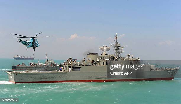 Iran's first domestically made destroyer Jamaran sails in the Gulf on February 21, 2009. Iran's navy on February 19 launched in the Gulf its first...