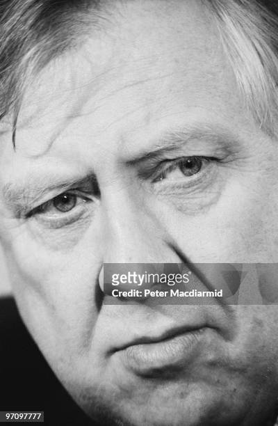 Shadow Home Secretary Roy Hattersley of the British Labour Party at a press conference before the European Parliamentary Election, London, June 1989.