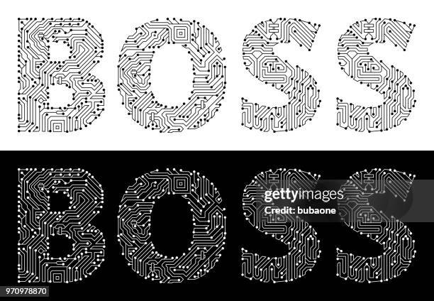 boss in black and white circuit board font - simple circular maze stock illustrations