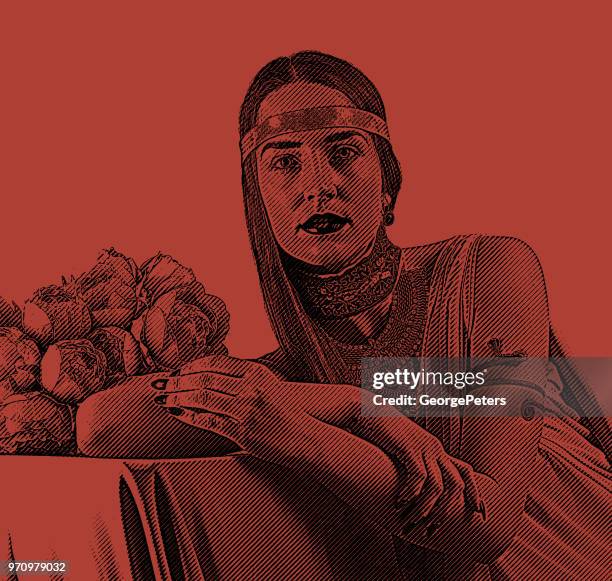 bridesmaid and bouquet of peonies - bib necklace stock illustrations