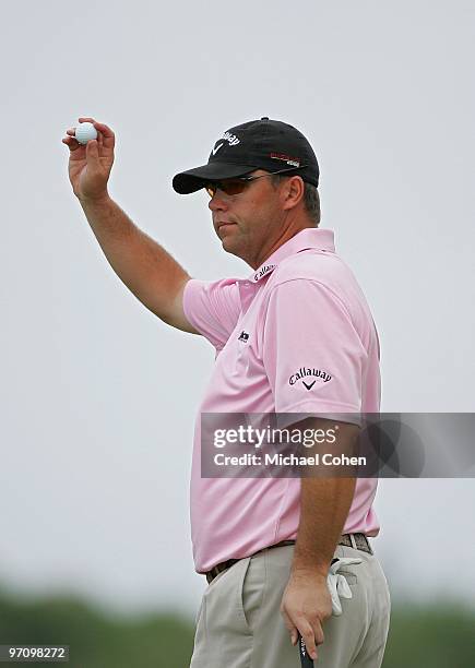 Cameron Beckman waves his ball during the final round of the Mayakoba Golf Classic at El Camaleon Golf Club held on February 21, 2010 in Riviera...