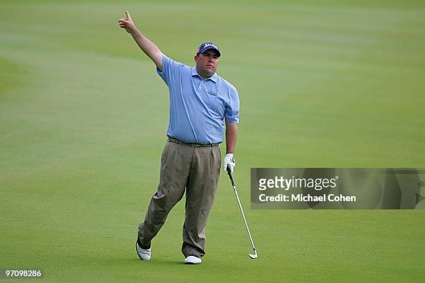 Kevin Stadler reacts during the final round of the Mayakoba Golf Classic at El Camaleon Golf Club held on February 21, 2010 in Riviera Maya, Mexico.