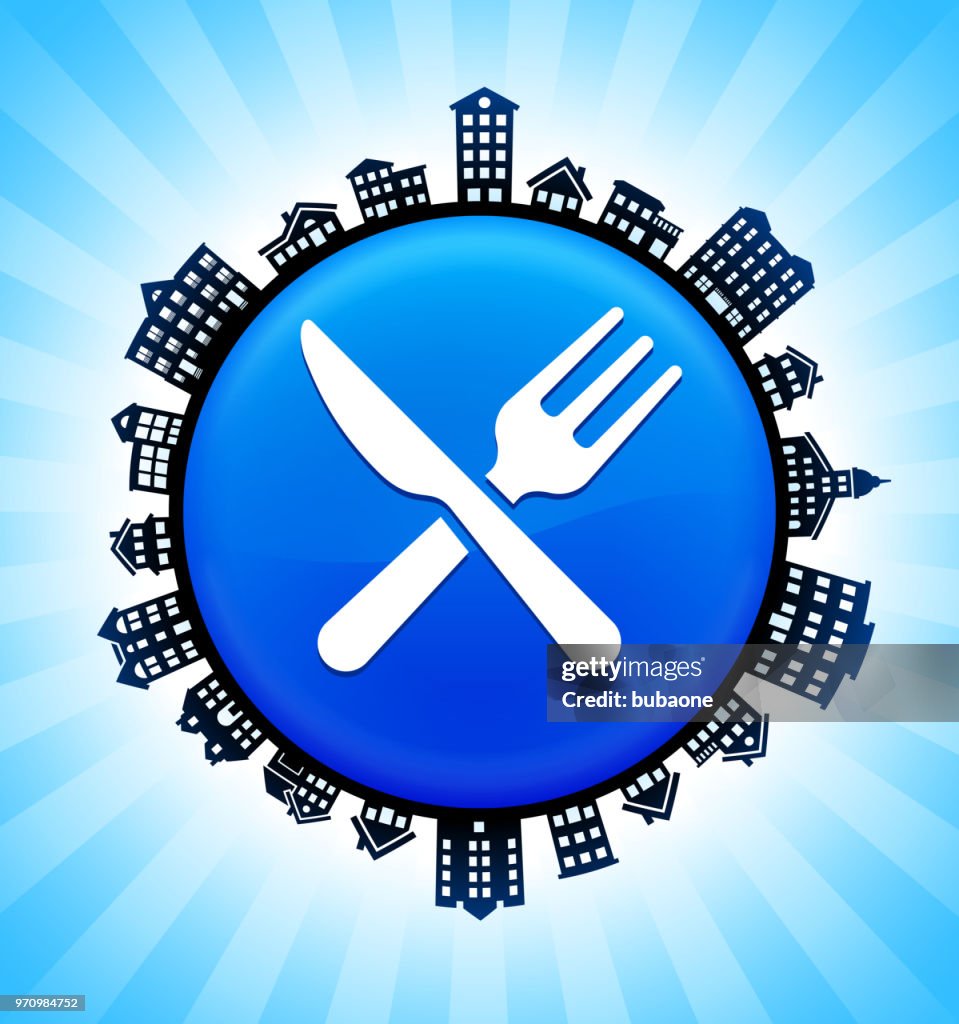 Kitchen Utensils on Rural Cityscape Skyline Background