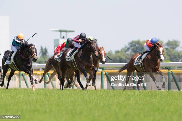 Jockey Mirco Demuro riding Akanesasu wins the Race 6 at Tokyo Racecourse on June 3, 2018 in Tokyo, Japan.