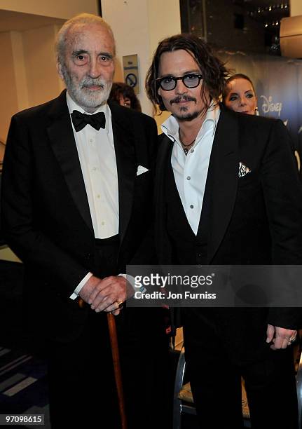 Actors Sir Christopher Lee and Johnny Depp attend the Royal World Premiere of Tim Burton's 'Alice In Wonderland' at the Odeon Leicester Square on...
