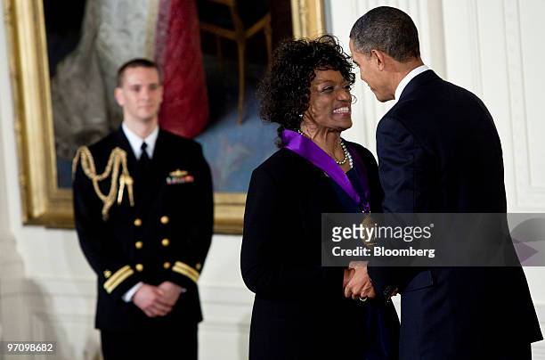 President Barack Obama, right, shakes hands with soprano Jessye Norman after awarding her the National Medal of the Arts during a ceremony in the...