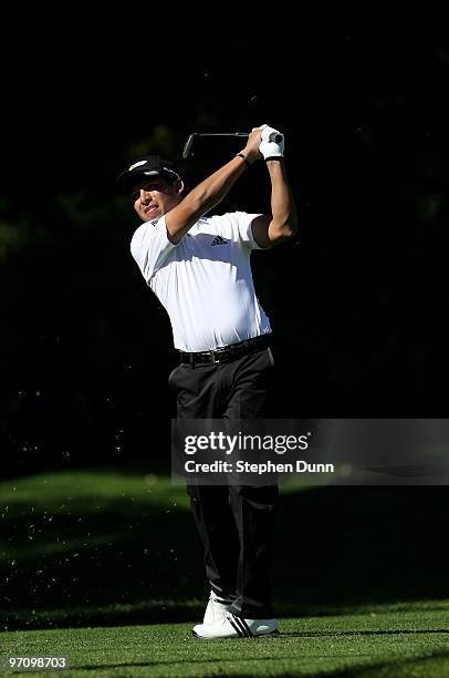 Andres Romero of Argentina hits his tee shot on the sixth hole during the final round of the Northern Trust Open at Riviera Country Club on February...