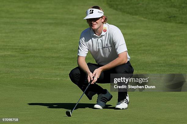 Brandt Snedeker waits to putt onto the fourth green during the final round of the Northern Trust Open at Riviera Country Club on February 7, 2010 in...