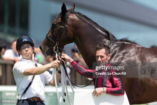 Jockey Mirco Demuro with Akanesasu wins the Race 6 at Tokyo Racecourse on June 3, 2018 in Tokyo, Japan.