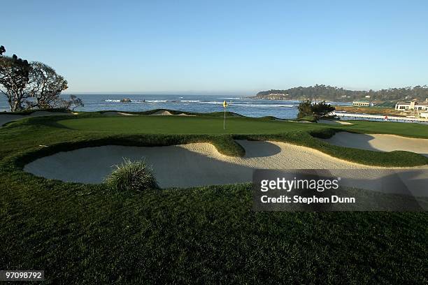 View of the fourth green before the final round of the AT&T Pebble Beach National Pro-Am at Monterey Peninsula Country Club on February 14, 2010 in...