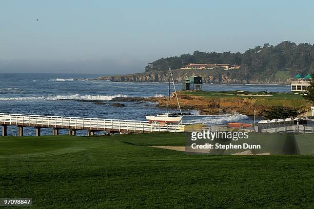 View of the 17th hole behind the Beach Club pier from the fourth hole before the final round of the AT&T Pebble Beach National Pro-Am at Monterey...