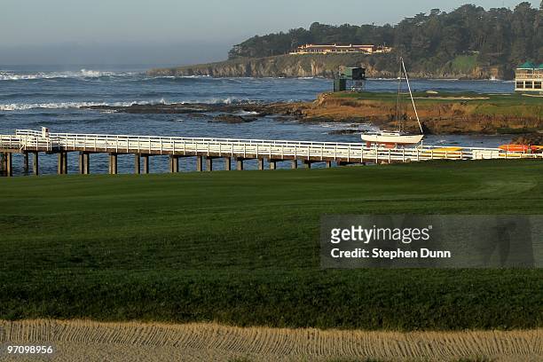 View of the 17th hole behind the Beach Club pier from the fourth hole before the final round of the AT&T Pebble Beach National Pro-Am at Monterey...