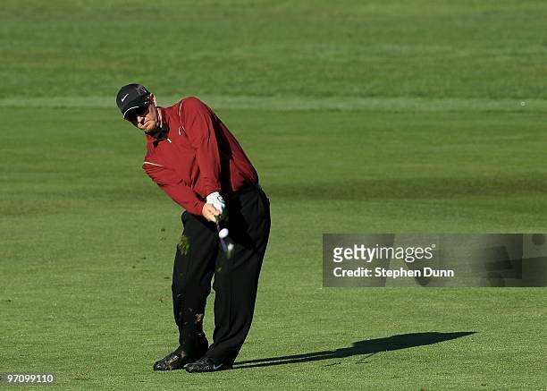 David Duval hits his second shot on the first hole during the final round of the AT&T Pebble Beach National Pro-Am at Pebble Beach Golf Links on...