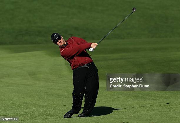 David Duval hits his second shot on the second hole during the final round of the AT&T Pebble Beach National Pro-Am at Pebble Beach Golf Links on...