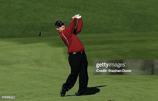 David Duval hits his second shot on the second hole during the final round of the AT&T Pebble Beach National Pro-Am at Pebble Beach Golf Links on...