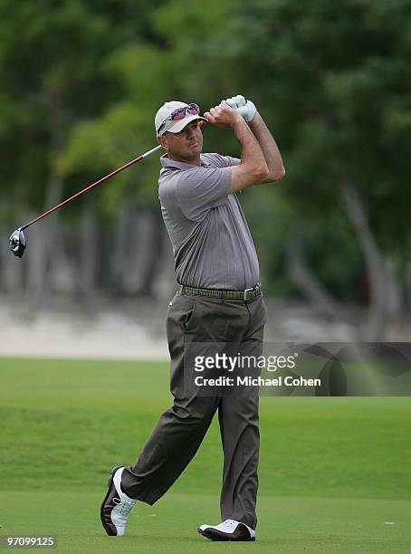 Brenden Pappas hits a shot during the second round of the Mayakoba Golf Classic at El Camaleon Golf Club held on February 19, 2010 in Riviera Maya,...