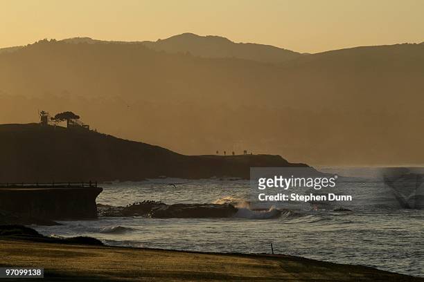 View with the sixth green above and the seventh tee and green below from the 18th fairway before the final round of the AT&T Pebble Beach National...