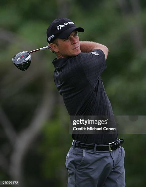 Henrik Bjornstad of Norway hits a shot during the second round of the Mayakoba Golf Classic at El Camaleon Golf Club held on February 19, 2010 in...